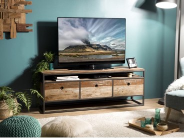 Meuble TV Santa Ana 150 cm teck recyclé et métal noir