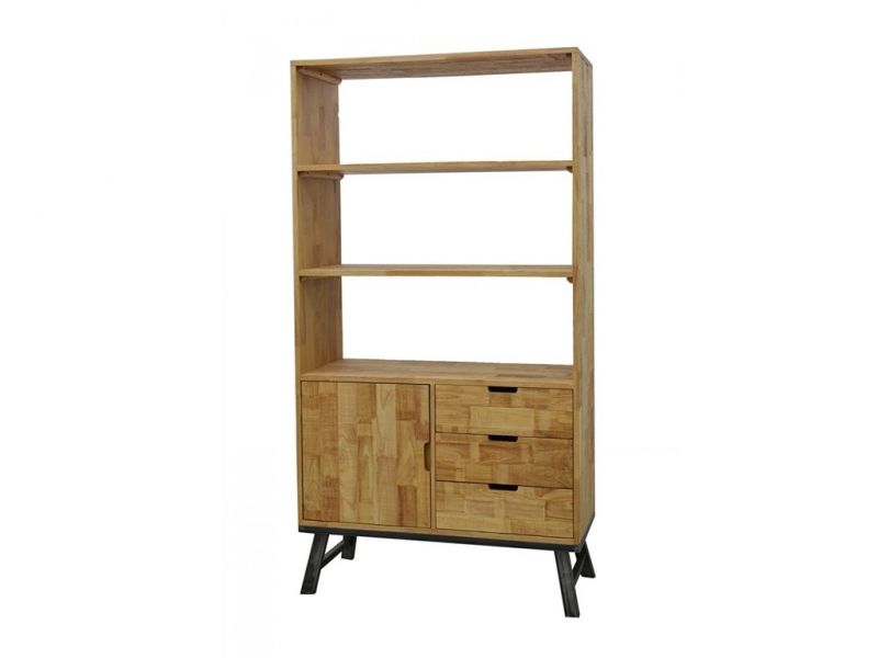 Etagère en bois recyclé et métal avec tiroirs et porte