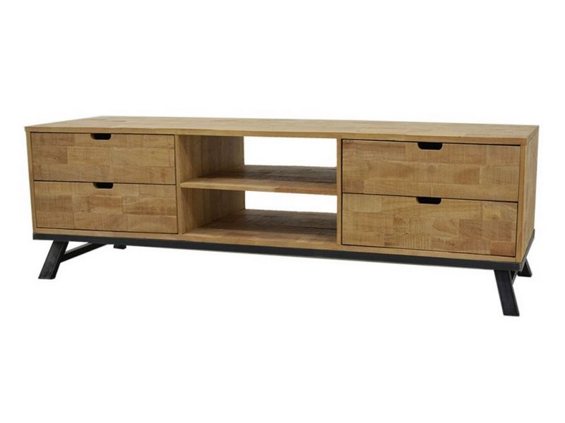 Meuble TV bois massif recyclé, pieds métal, 4 tiroirs Meuble TV bois massif recyclé, pieds métal, 4 tiroirs