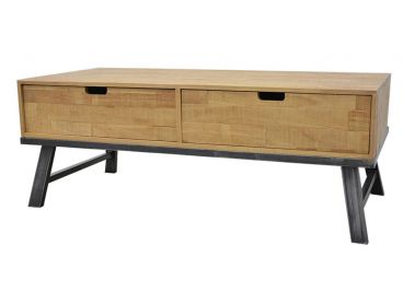 Table basse bois massif clair hévéa recyclé, pieds métal