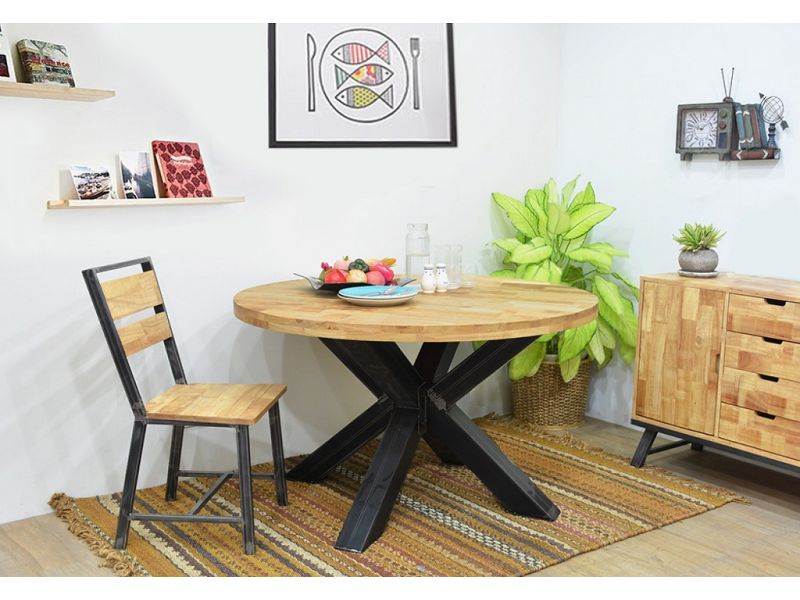 Table de repas ronde hévéa et métal Table de repas ronde hévéa et métal