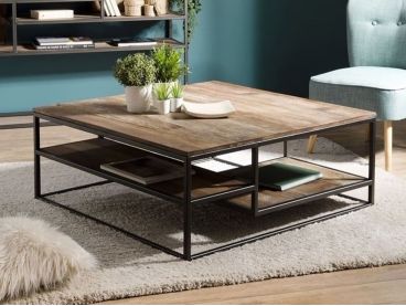 Table basse Santa Ana carrée en bois recyclé et métal style industriel