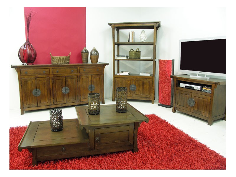 Table basse 2 portes 1 tiroir en hévéa massif, Finition Vernis Noyer