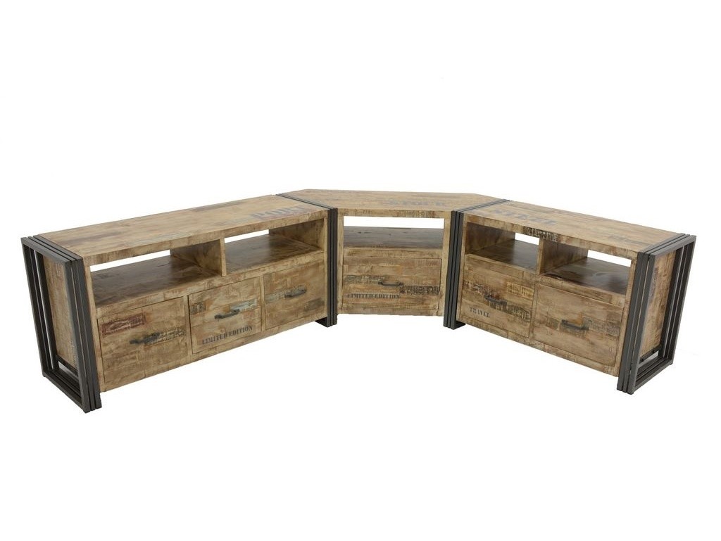 Meuble TV angle en bois recylcé 100 % hévéa Industry. Meuble pour le
