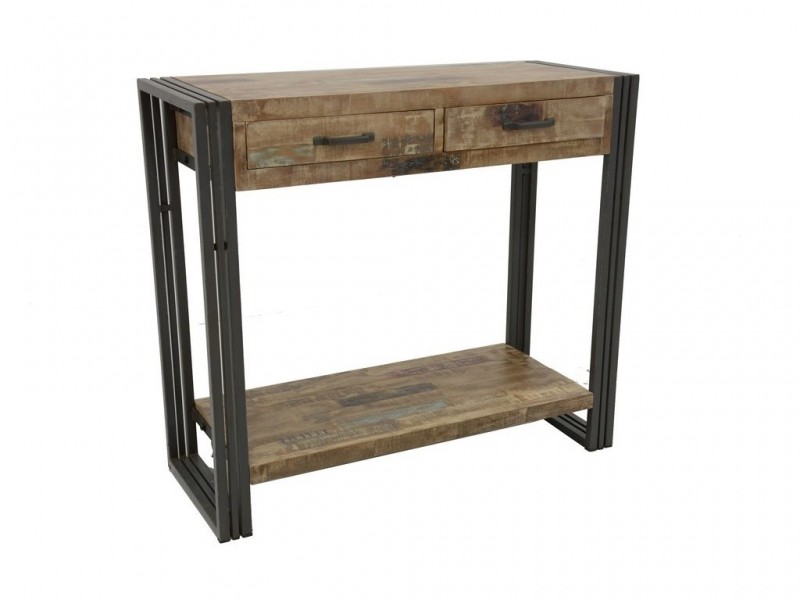 Console avec deux tiroirs en bois massif recyclé, style industriel Console avec deux tiroirs en bois massif recyclé, style industriel