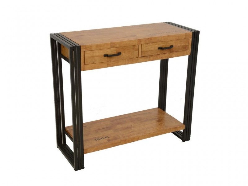 Console avec deux tiroirs en hévéa massif recyclé, pieds en acier Console avec deux tiroirs en hévéa massif recyclé, pieds en acier