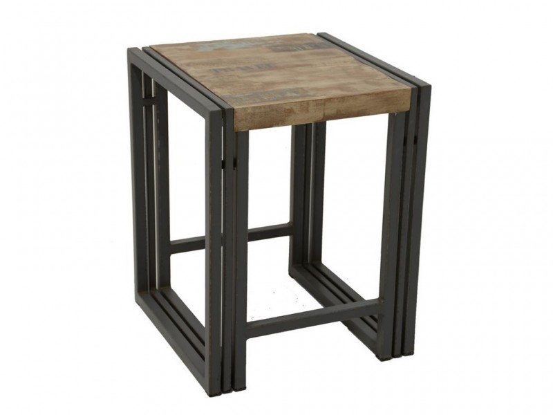 Tabouret en bois massif recyclé, pieds en métal