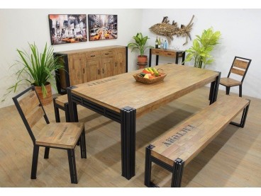 Table de salle à manger en bois massif recyclé, style industriel