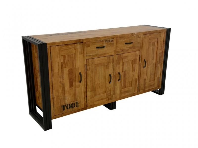 Enfilade en hévéa massif recyclé, avec 2 tiroirs et 4 portes