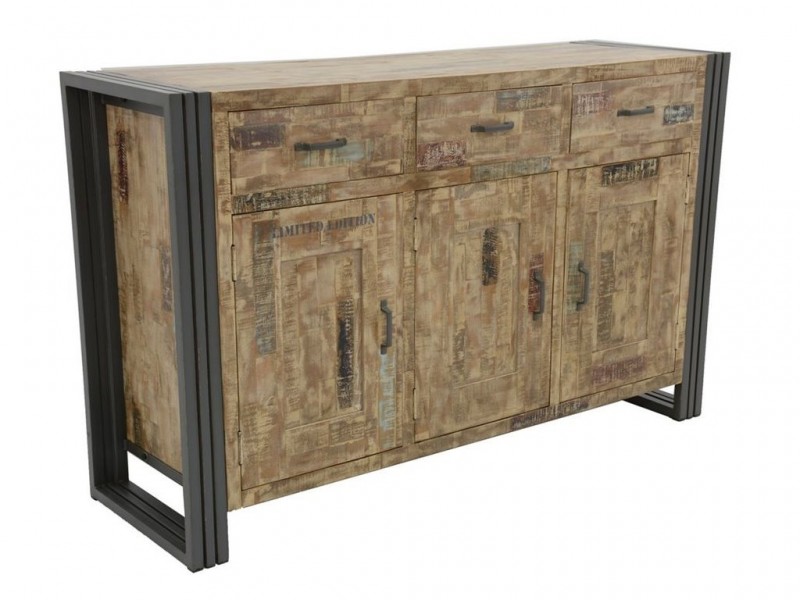 Buffet en en hévéa massif recyclé, 3 tiroirs 3 portes