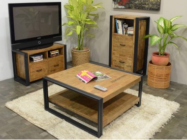 Table de salon avec étagère en bois massif recyclé, style industriel