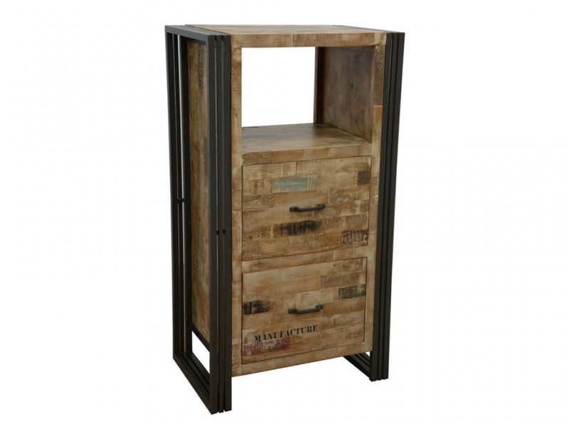 Colonne de rangement en hévéa massif recyclé, avec tiroirs et niche