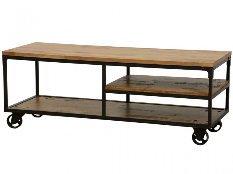 Meuble TV avec étagères en hévéa massif recyclé, sur roulettes Meuble TV avec étagères en hévéa massif recyclé, sur roulettes