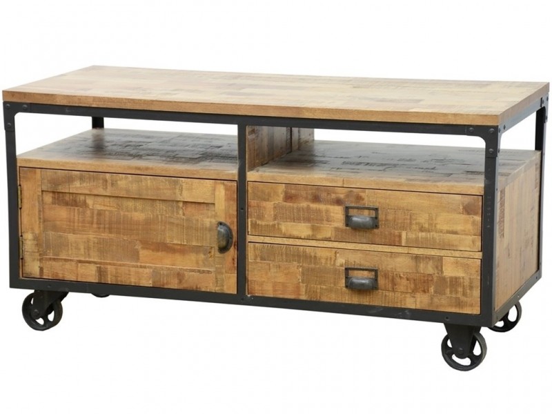 Meuble télé sur roulettes en bois massif recyclé, style industriel