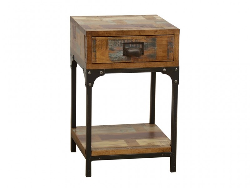 Chevet en hévéa massif recyclé, avec 1 tiroir, pieds en acier