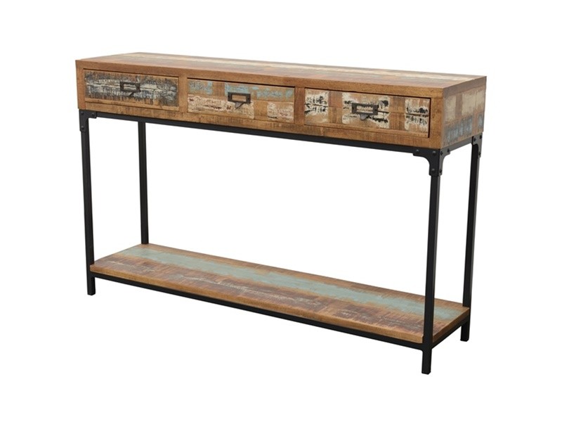 Console 120cm en bois massif recyclé, avec 3 tiroirs, structure en acier Console 120cm en bois massif recyclé, avec 3 tiroirs, structure en acier