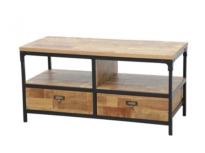 Meuble Télé en hévéa massif recyclé, avec tiroirs, structure métallique