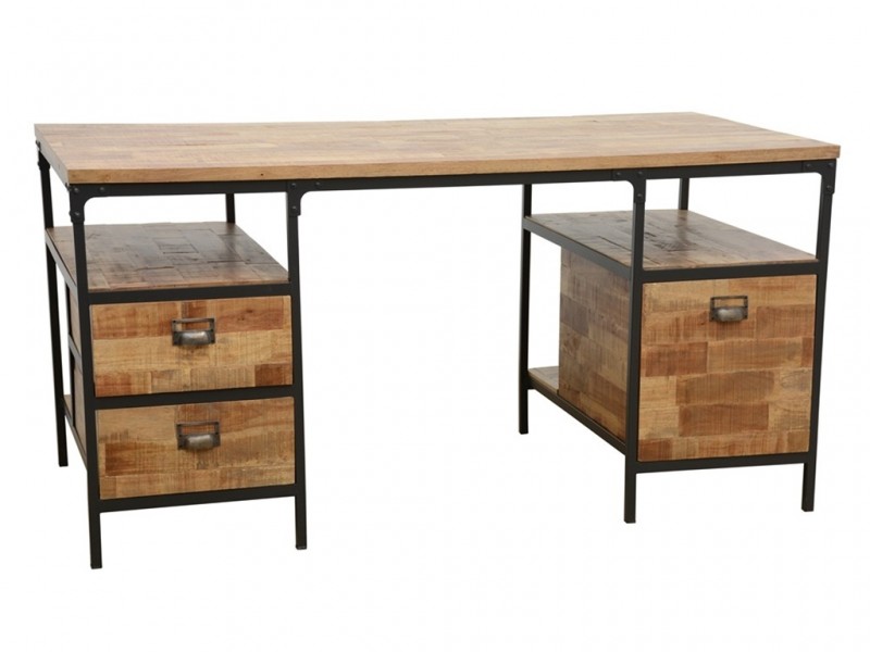Bureau en hévéa massif recyclé, pieds en métal, style industriel