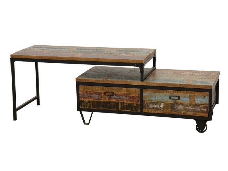 Meuble télé escalier avec tiroirs en bois massif recyclé