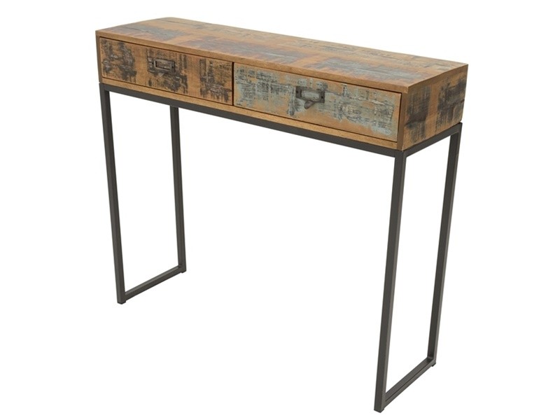Console avec tiroir en bois massif recyclé et structure acier Console avec tiroir en bois massif recyclé et structure acier
