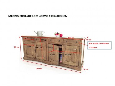 Buffet bas campagne en bois massif 4 portes, 4 tiroirs