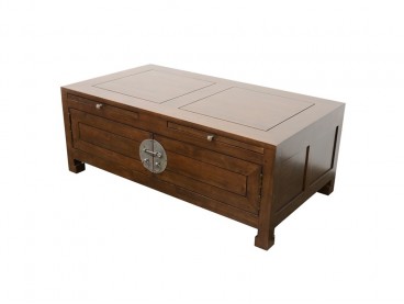 Table basse avec plateaux coulissants en bois massif, Finition Vernis Foncé