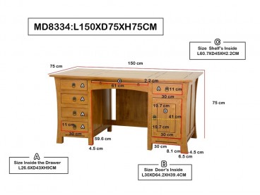 Dimensions du bureau Lampang, Finition Vernis Naturel