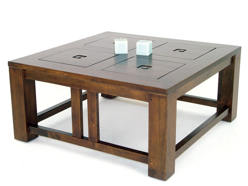 Table basse carrée en hévéa massif, Finition Vernis Foncé Table basse carrée en hévéa massif, Finition Vernis Foncé
