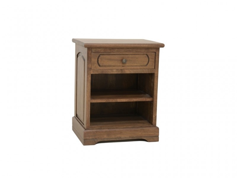 Chevet avec 1 tiroir et 2 niches en hévéa massif, Finition Huilé Foncé