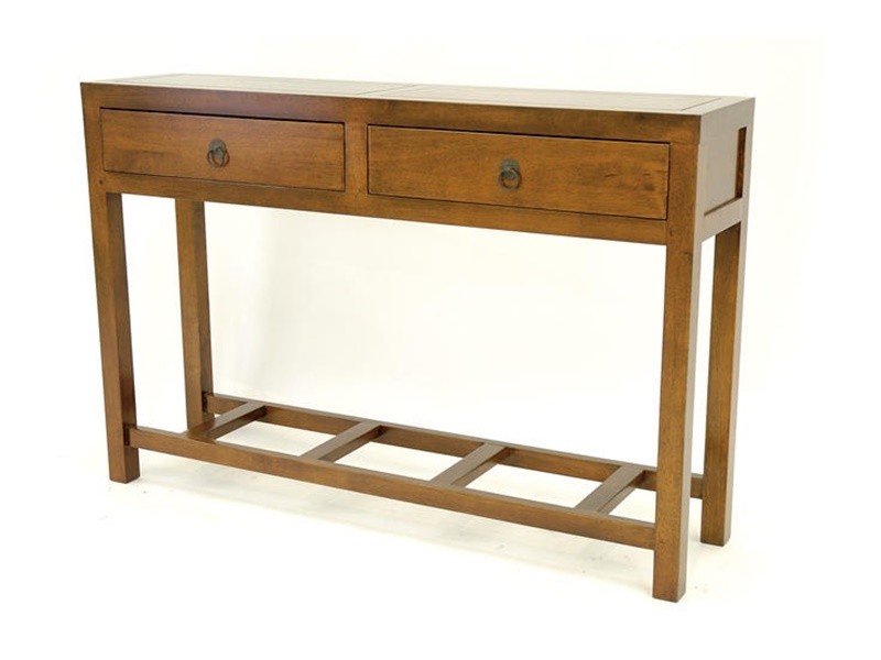 Console en hévéa massif avec 2 tiroirs, vernis miel