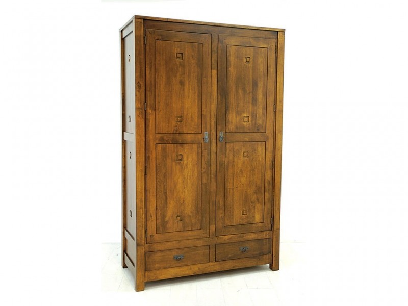 Armoire 2 portes 2 tiroirs en bois massif, vernis foncé