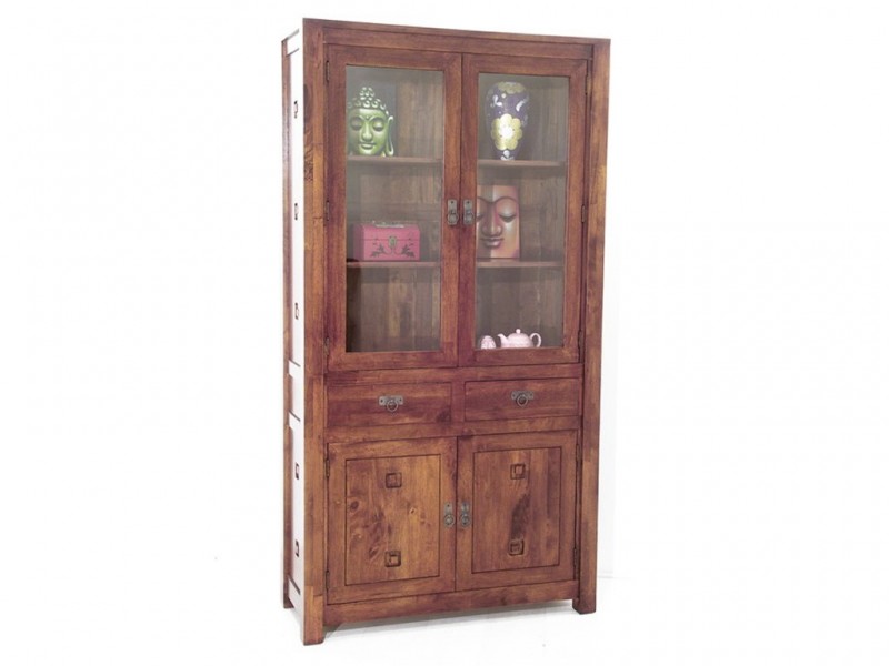 Vaisselier style colonial en hévéa massif, Finition Vernis Foncé