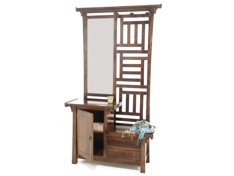 Meuble d'entrée en hévéa massif, Finition Vernis Foncé