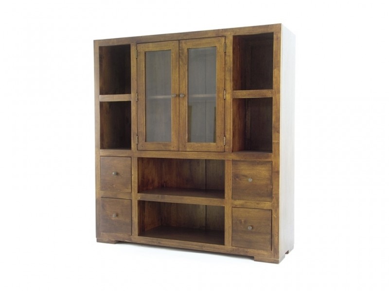 Buffet 130cm 2 portes 4 tiroirs en hévéa massif, Finition Vernis Foncé Buffet 130cm 2 portes 4 tiroirs en hévéa massif, Finition Vernis Foncé