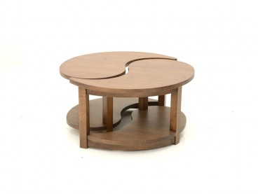 Table basse ronde style asiatique en bois d'hévéa, Finition Vernis Miel