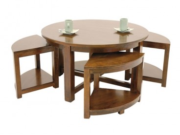 Table basse ronde avec 4 tabourets en hévéa massif, Finition Vernis Miel