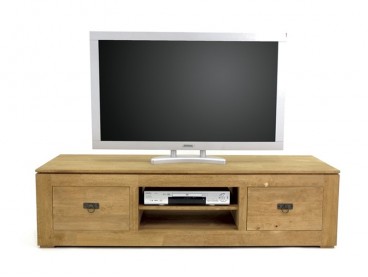 Meuble TV avec 2 tiroirs en bois massif, Finition Huilé Naturel