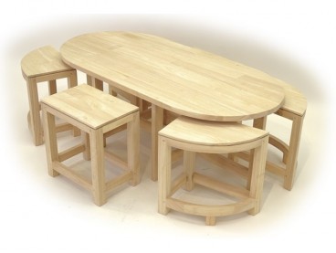 Table basse ovale avec 6 tabouret style asiatique en bois d'hévéa brut