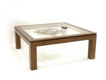 Table basse carrée plateau en verre en bois massif, Finition Vernis Foncé