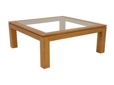 Table basse avec plateau en verre style contemporain en hévéa, Finition Vernis Naturel