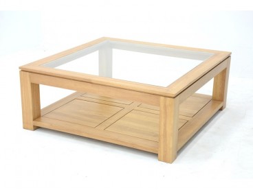 Table basse Bangkok avec plateau vitré et étagère en bois massif