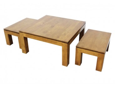 Set de 3 table basses style asiatique en bois massif, Finition Vernis Naturel