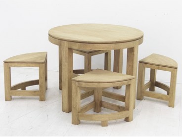 Table ronde + 4 tabourets en hévéa massif, Finition Huilé Naturel