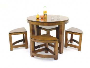 Table ronde + 4 tabourets 100 cm en bois massif, Finition Vernis Miel