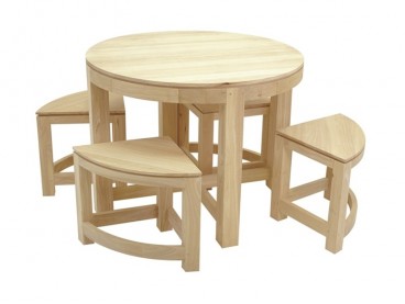 Table ronde + 4 tabourets style colonial en bois d'hévéa brut