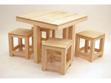 Table carrée + 4 Tabourets style campagne en bois d'hévéa brut