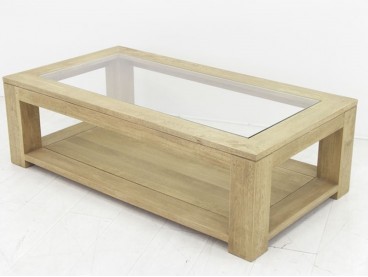 Table basse avec plateau en verre style campagne en bois massif, Finition Huilé Naturel