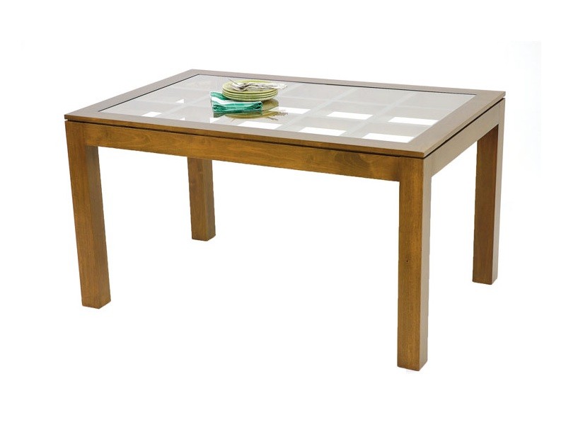 Table de repas vitrée en hévéa massif, Finition Vernis Foncé Table de repas vitrée en hévéa massif, Finition Vernis Foncé