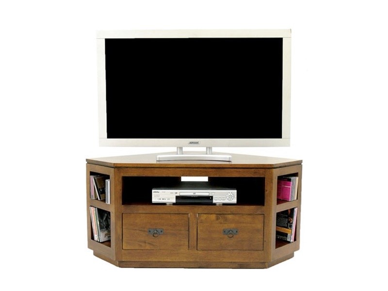 Meuble TV d'angle avec 2 tiroirs en hévéa massif, Finition Vernis Foncé Meuble TV d'angle avec 2 tiroirs en hévéa massif, Finition Vernis Foncé