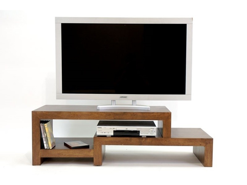 Meuble TV escalier en hévéa massif, Finition Vernis Foncé Meuble TV escalier en hévéa massif, Finition Vernis Foncé